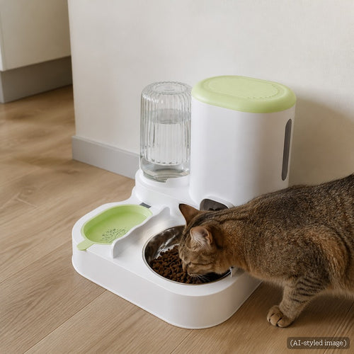 Tabby cat eating from the 2-in-1 cat feeder and gravity water dispenser in a kitchen (AI-styled image)