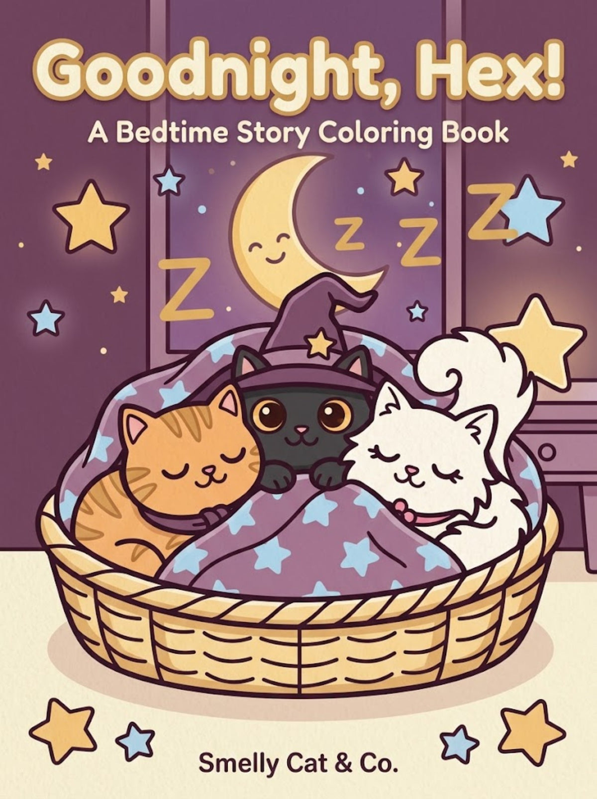 Cover of Goodnight, Hex! bedtime story coloring book with three cats in a basket (AI-styled image)
