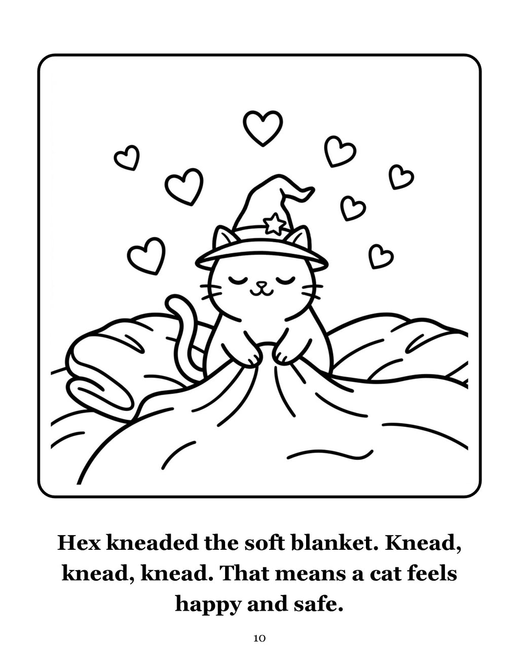 Sample page: Hex kneading a blanket with a story line underneath (AI-styled image)