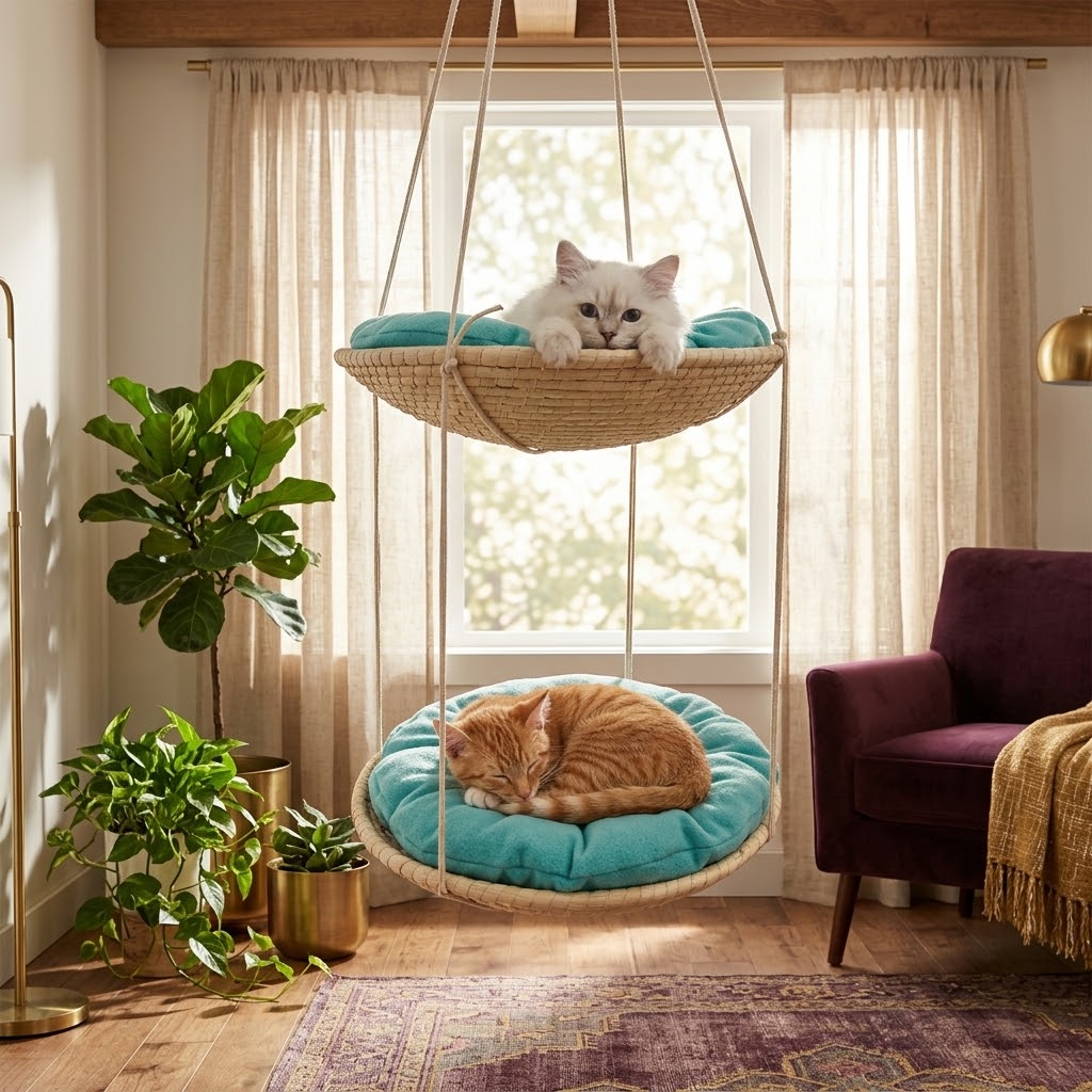 Two cats relaxing in the two-tier hanging woven hammock by a sunny window (AI-styled image)