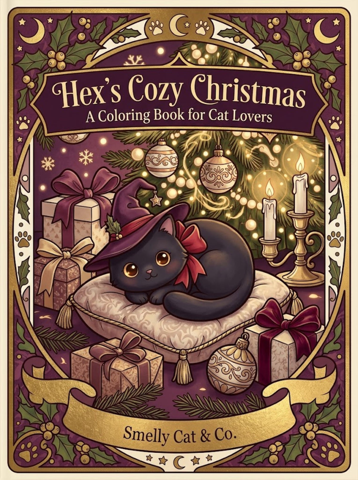 Cover of Hex's Cozy Christmas coloring book: a black cat in a plum witch hat under a Christmas tree (AI-styled image)