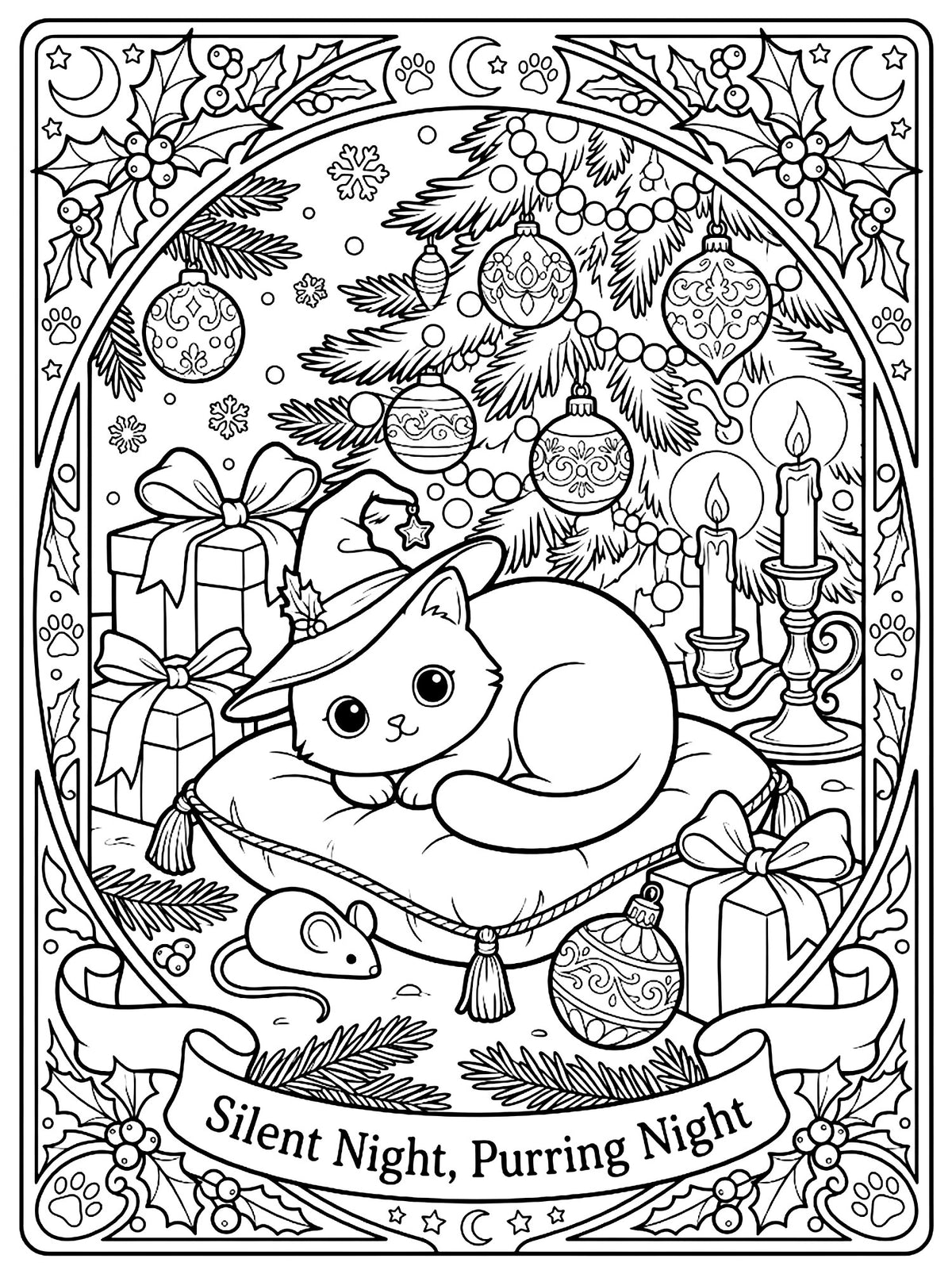 Coloring page: Silent Night, Purring Night (AI-styled image)