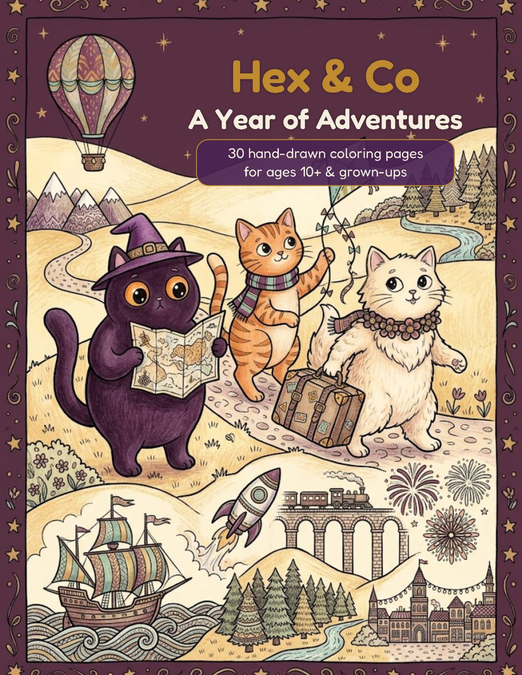 Cover of Hex & Co: A Year of Adventures coloring book with Hex, Luna and Pumpkin setting off on an adventure (AI-assisted illustration)