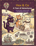 Cover of Hex & Co: A Year of Adventures coloring book with Hex, Luna and Pumpkin setting off on an adventure (AI-assisted illustration)