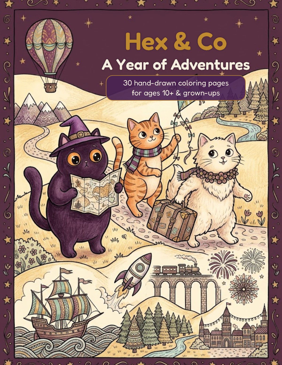 Cover of Hex & Co: A Year of Adventures coloring book with Hex, Luna and Pumpkin setting off on an adventure (AI-assisted illustration)