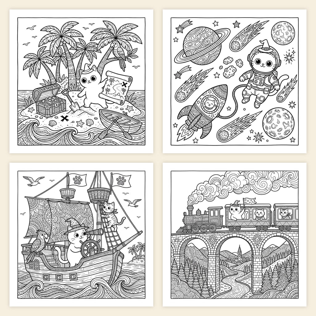 Four inside pages: treasure hunt, space trip, pirate ship and mountain train (AI-assisted illustrations)