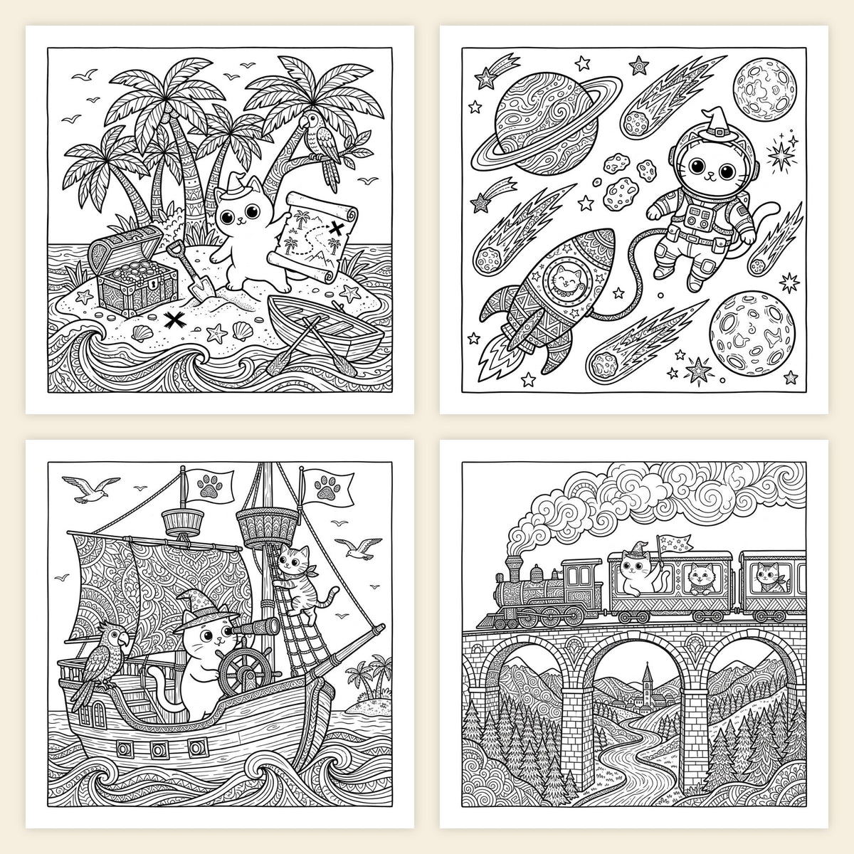 Four inside pages: treasure hunt, space trip, pirate ship and mountain train (AI-assisted illustrations)