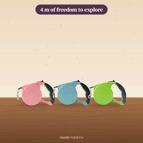 Retractable cat leash in pink, blue and green