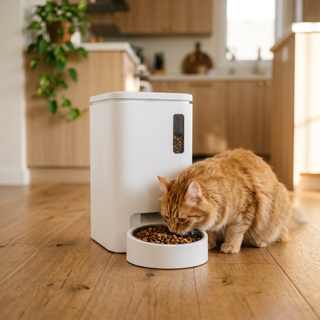 Ginger cat eating from the white automatic feeder in a cozy kitchen (AI-styled image)