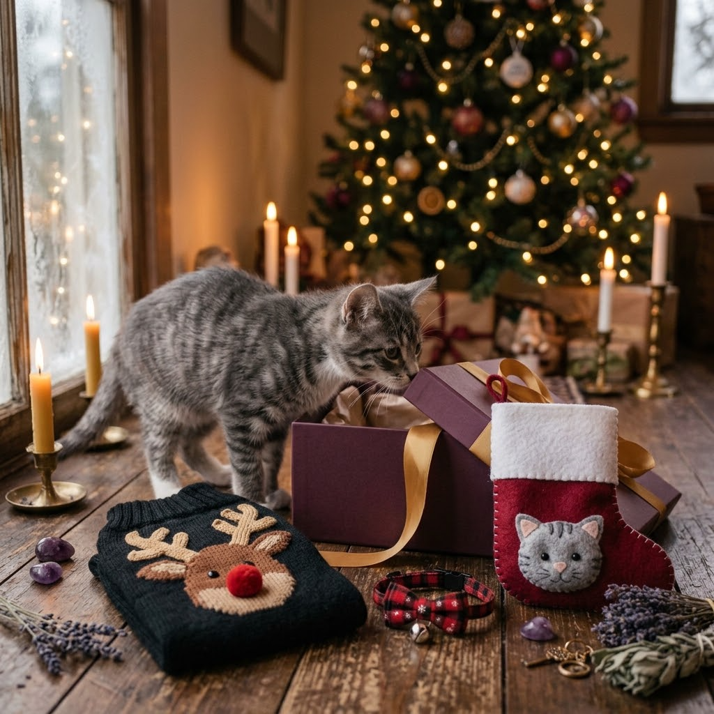 Kitten exploring the Meowy Christmas Box with Rudolph sweater, bow collar and stocking (AI-styled image)