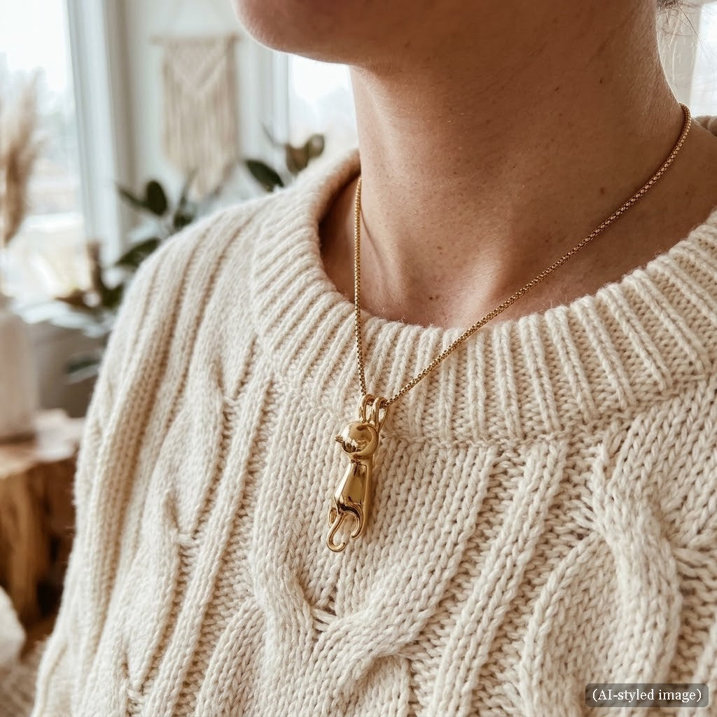 Gold peeping cat necklace worn over a cream knit sweater (AI-styled image)