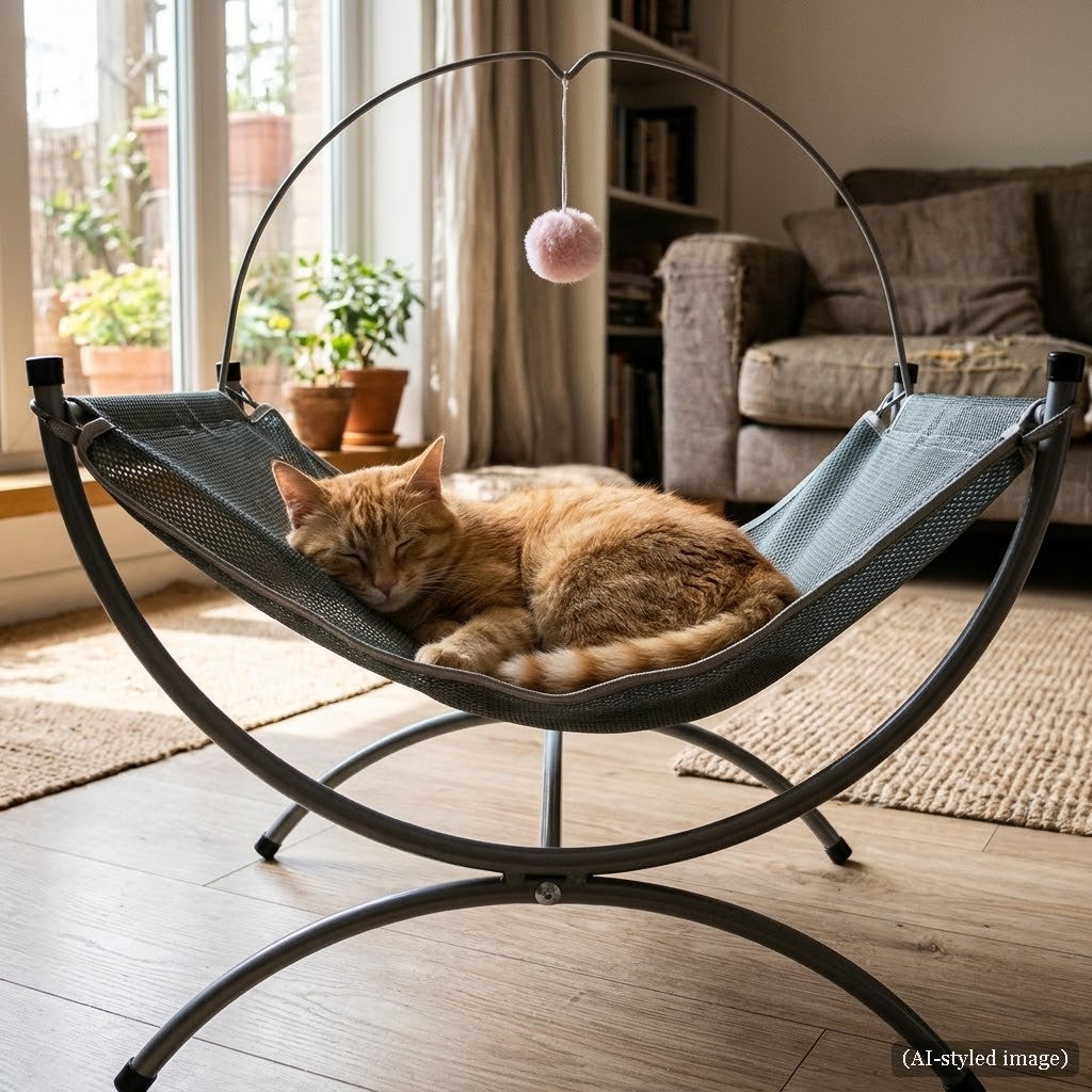 Grey cat hammock recliner bed in a sunny living room with a ginger cat asleep (AI-styled image)