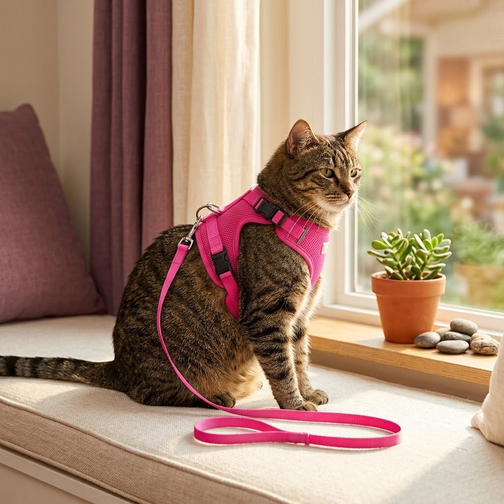 Tabby cat wearing the pink reflective harness and leash on a window seat (AI-styled image)