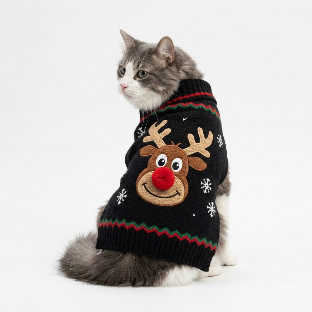 Grey and white cat wearing the black Rudolph reindeer sweater, back view (AI-styled image)