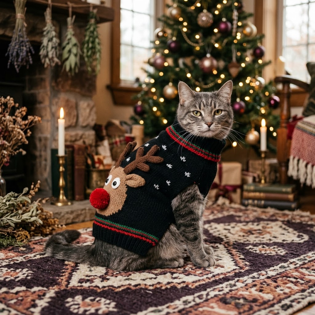 Grey tabby cat wearing the black Rudolph reindeer Christmas sweater by the tree (AI-styled image)