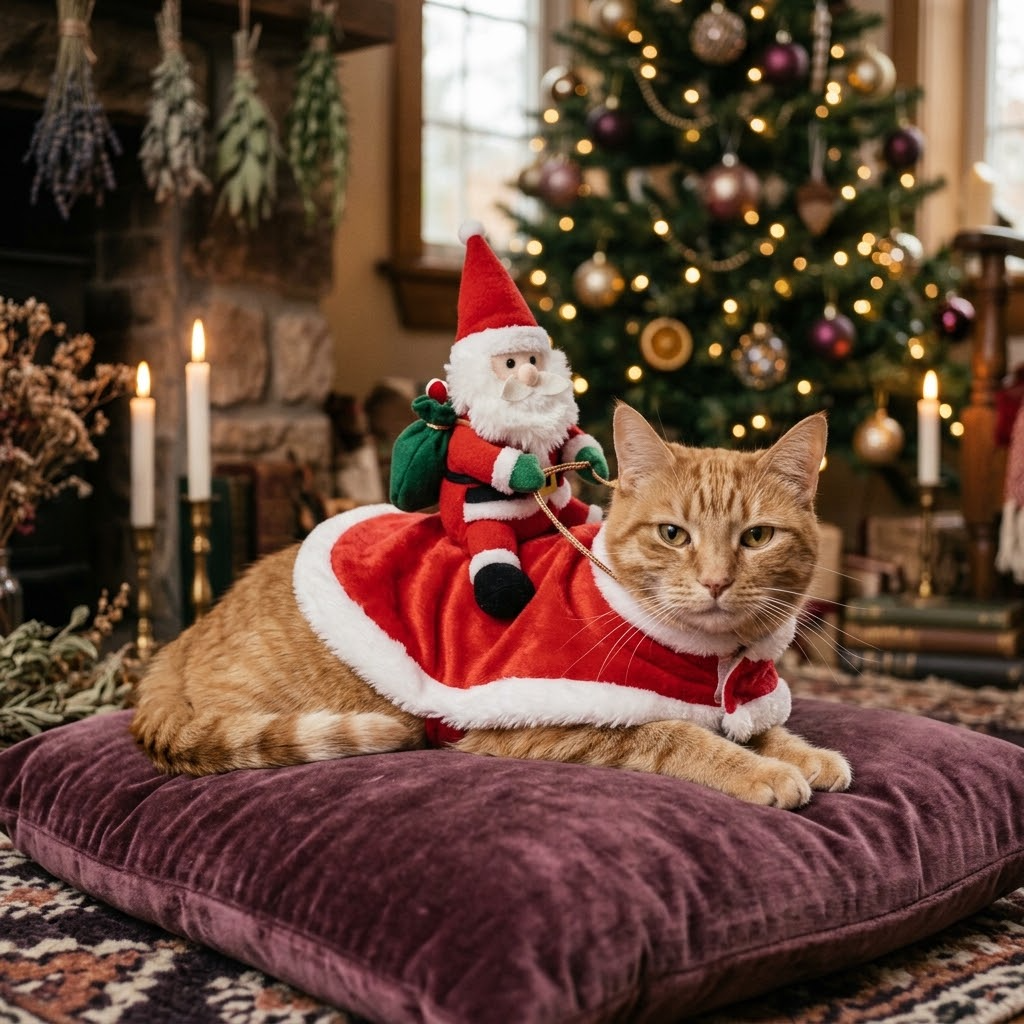 Ginger cat wearing the Santa rider Christmas costume on a velvet cushion (AI-styled image)