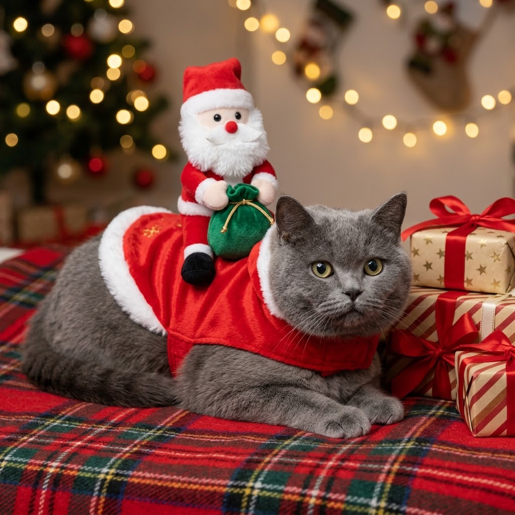 Grey cat wearing the Santa rider costume next to Christmas presents (AI-styled image)
