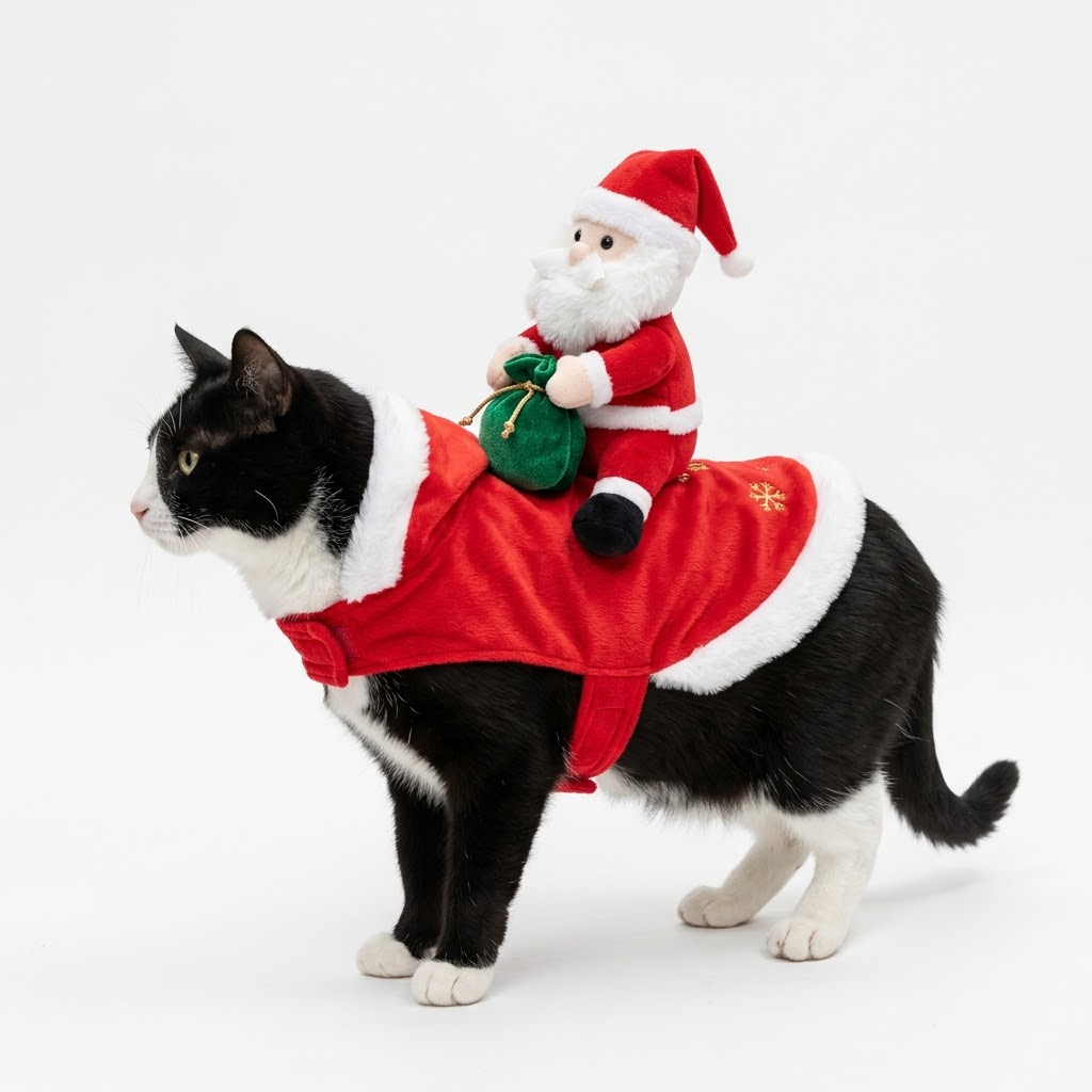 Tuxedo cat wearing the Santa rider costume, side view (AI-styled image)