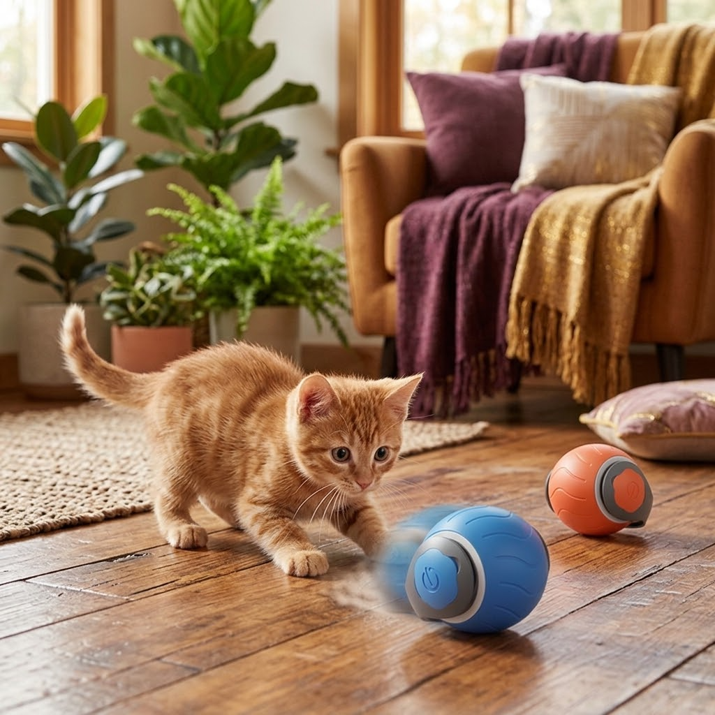 Ginger kitten chasing the self-rolling ball (AI-styled image)