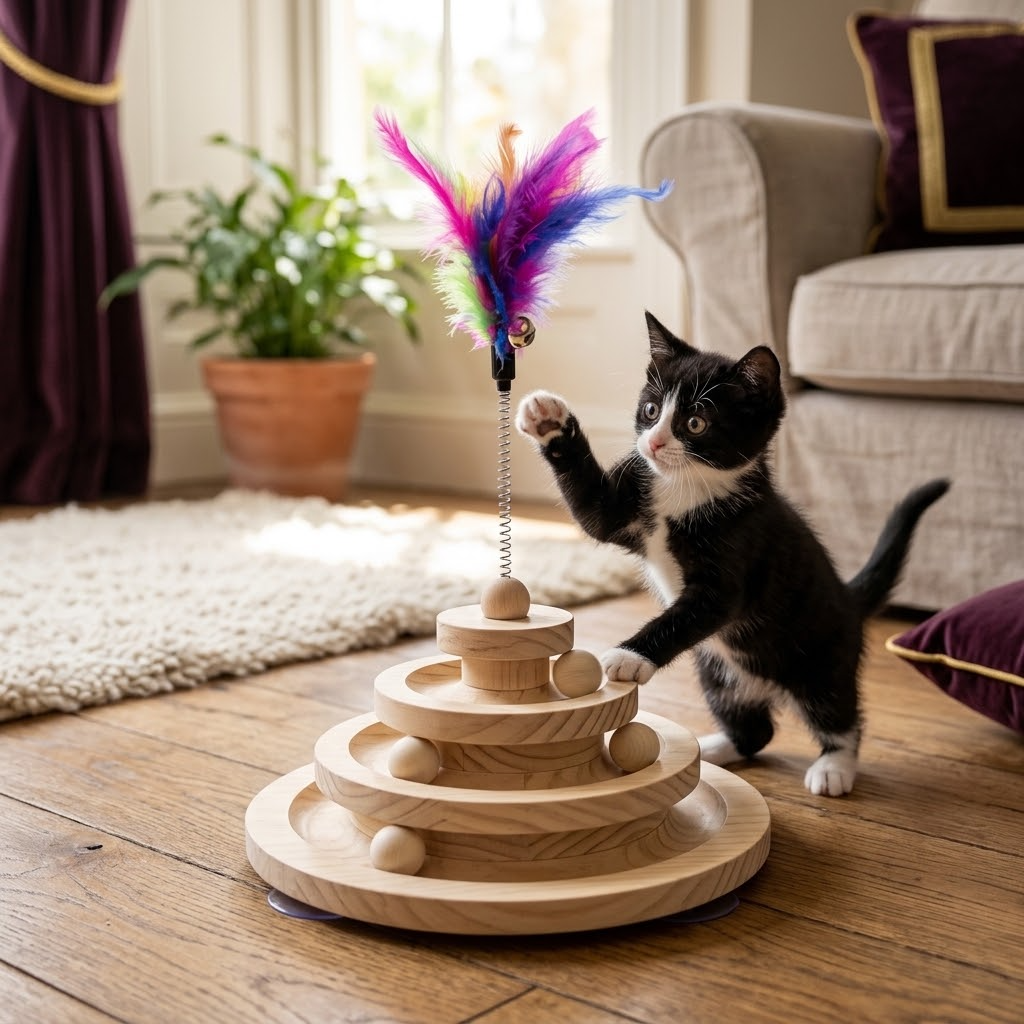 Tuxedo kitten batting the balls on the wooden spinning ball tower (AI-styled image)