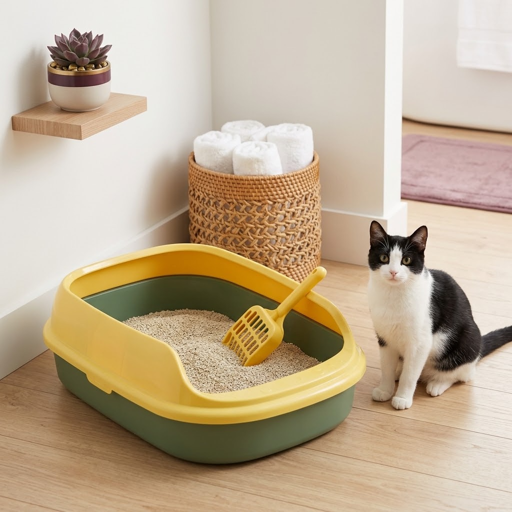 Black and white cat sitting next to the semi-enclosed anti-splash litter box with its scoop (AI-styled image)