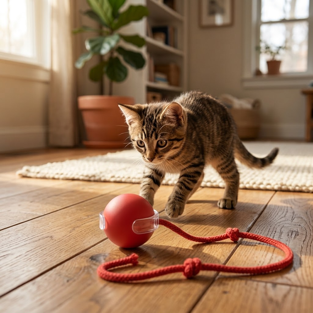 Tabby kitten chasing the red self-rolling toy ball with rope tail (AI-styled image)