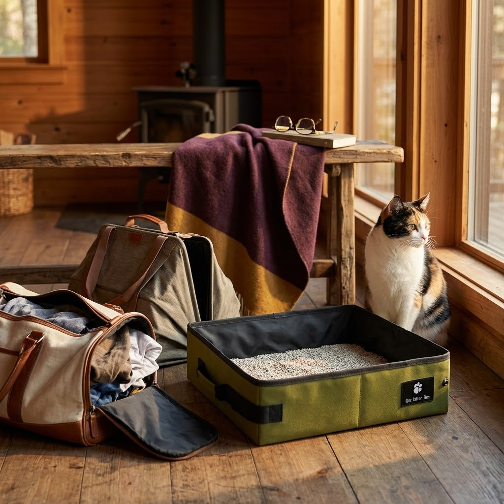Green foldable travel litter box in a cabin with travel bags and a calico cat (AI-styled image)