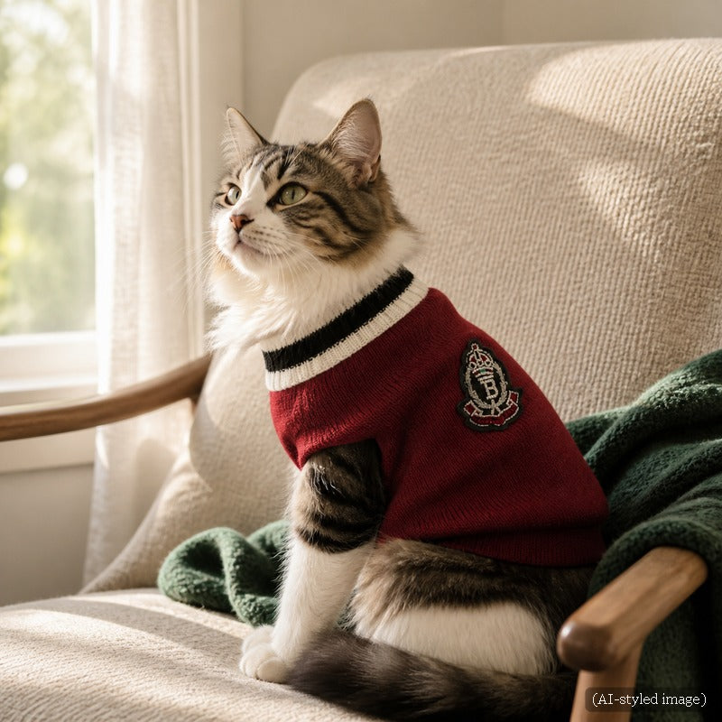 Tabby cat wearing the wine-red knit sweater vest on an armchair (AI-styled image)