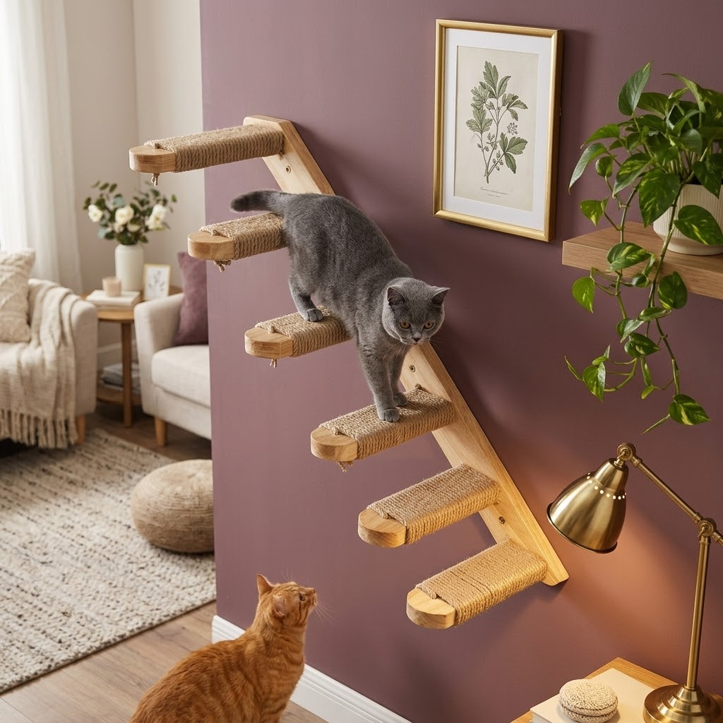 Grey cat sitting on the top step of the four-step wooden wall stairs on a plum wall (AI-styled image)