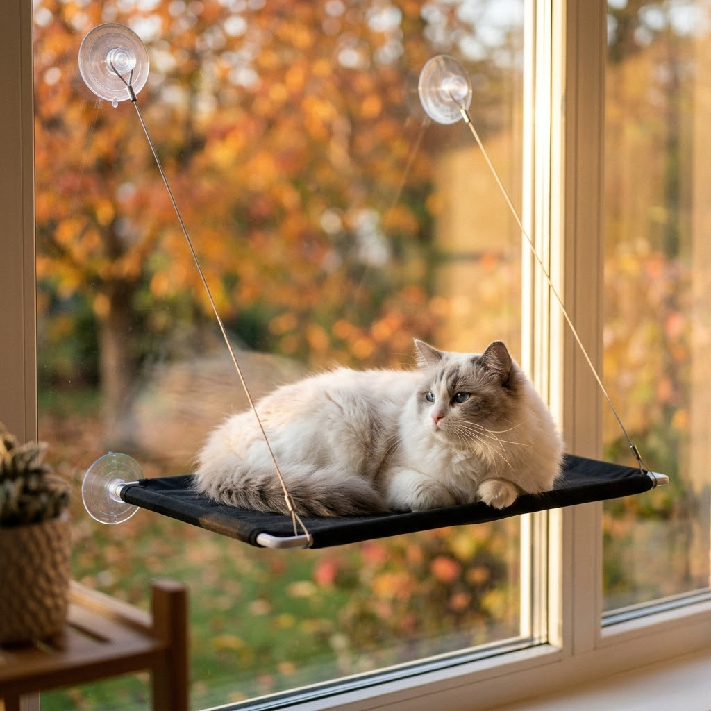 Ragdoll cat relaxing in the black suction window hammock perch (AI-styled image)